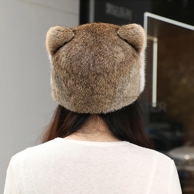 Style Women Rabbit Fur Cap Brim Cute Ears Hat Girls Winter Warm Real Natural Rabbit Fur Thick Warm Hats 251225