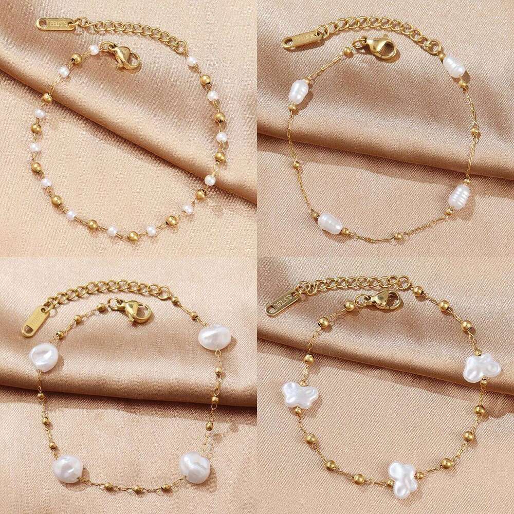 316L Stainless Steel Bracelet For Women Gold Color Pearl Beads Chain Bracelets Jewelry 25H1229