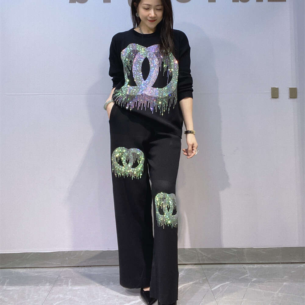 European American Fashion Rhinestone Knitted Sweater Two-Piece Women's Spring And Autumn New Casual Wide-Leg Pants Plus Size Set