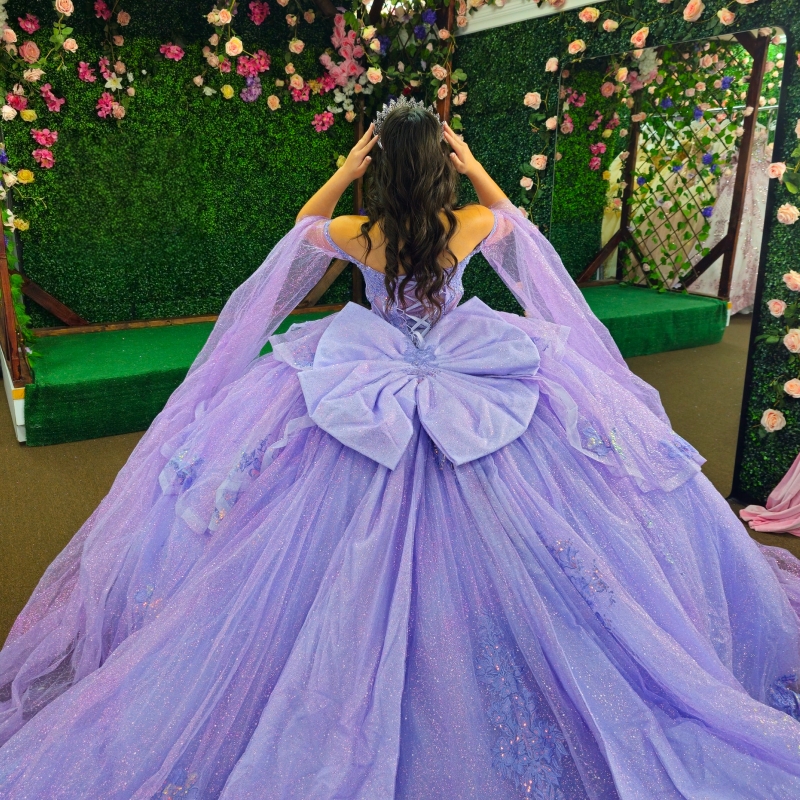 Lavender Shiny Quinceanera Dresses Ball Gown Off The Shoulder Applique Lace Beading Crystal Bow Corset Party Birthday Sweet 16 Dres Vestidos 15 Anos
