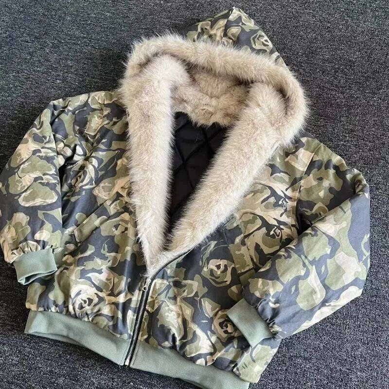 American Fashion New Camouflage Fur Collar Thick Velvet Jacket Y2K Punk Wind Rock Tide Brand Baggy Hooded Couple Sports Coats