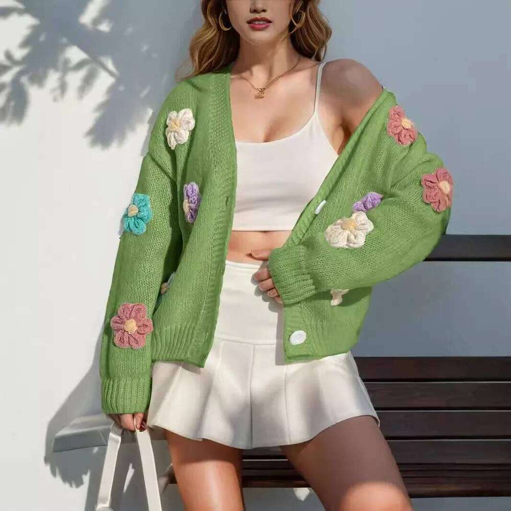 Autumn Winter Flower Pattern Knitted Cardigan, Women's New Sweet And Lovely Loose Long-Sleeved Single-Breasted Sweater