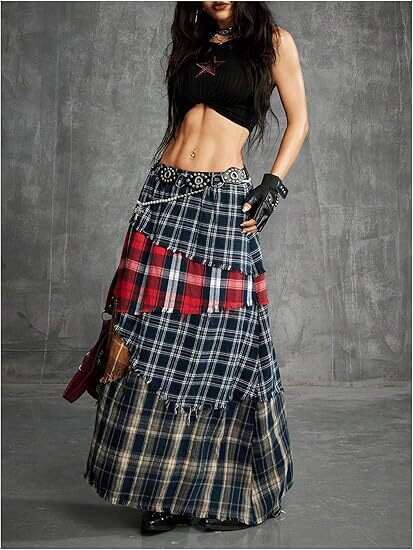 Women's A-Line Cake Waist Casual Midi Draped Flared Elastic Drawstring Patchwork Plaid Fringe Hem Punk Vintage for Casual Wear