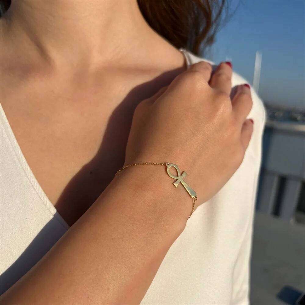 Minimalist Ancient Egypt Ankh Bracelet for Women Gold Color Stainless Steel Cross Wrist Chain Bangle Vintage Egyptian Jewelry 25H1229