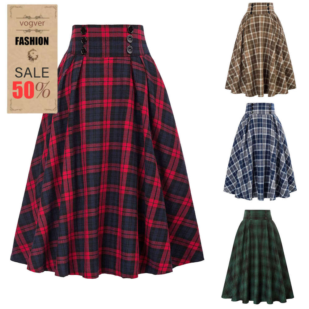 Women's Plaid Elastic Waist A-line Skirt Autumn Winter Fashion Casual Formal Skirt High Waist Midi Skirt