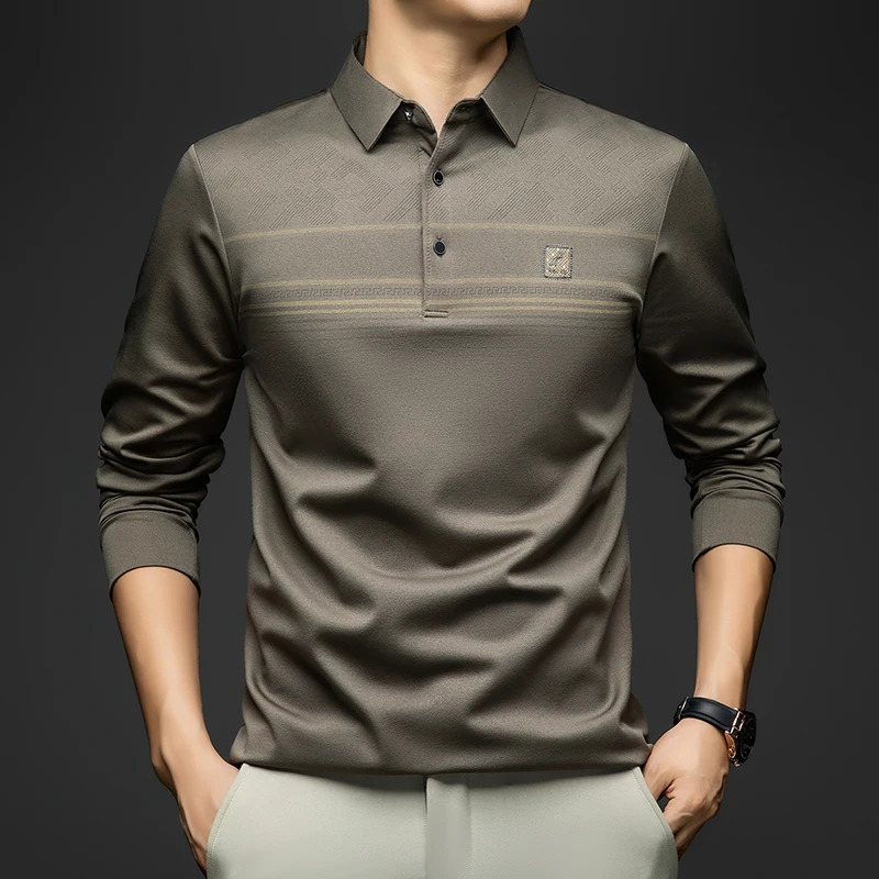 BROWON Male Polo Shirt 2025 Spring Autumn Casual Loose Men Long Sleeve Turndown Collar Print Striped for Wear 251219