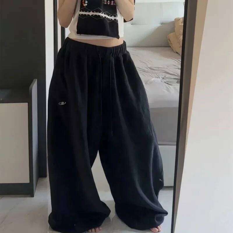 American Retro Hip-Hop Oversized Woman Black Casual Sweatpants Korean Streetwear Loose Jogging High Waist Wide-Leg Pants