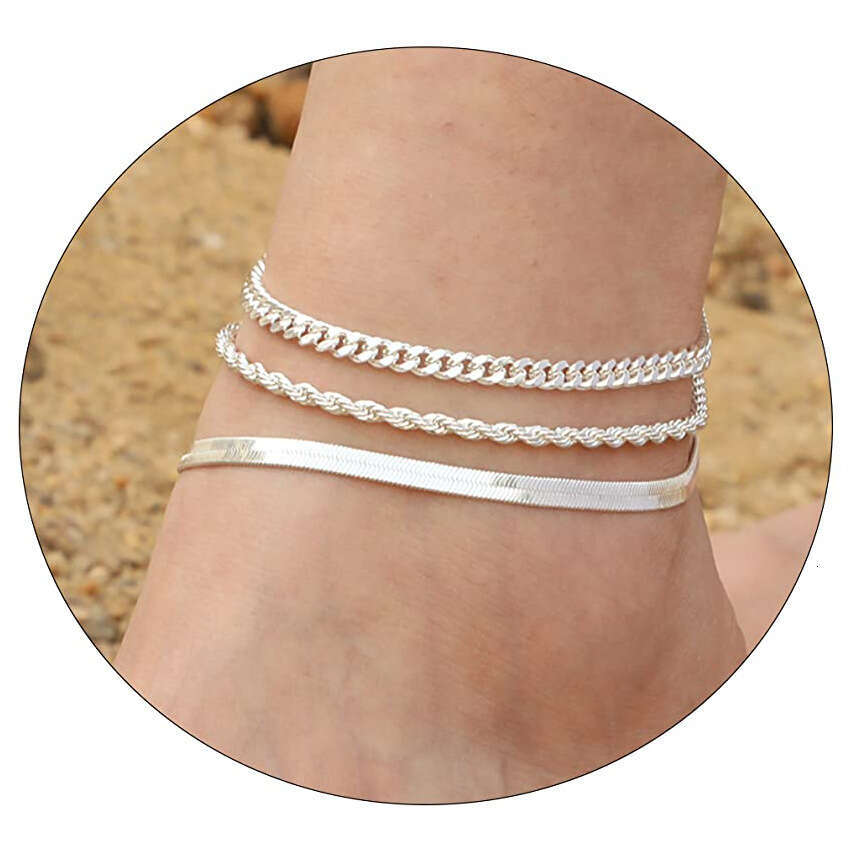 Cross-Border Fashion Layered Set, Unique Niche Bead Inlaid Three-Piece Anklet Jewelry for Women