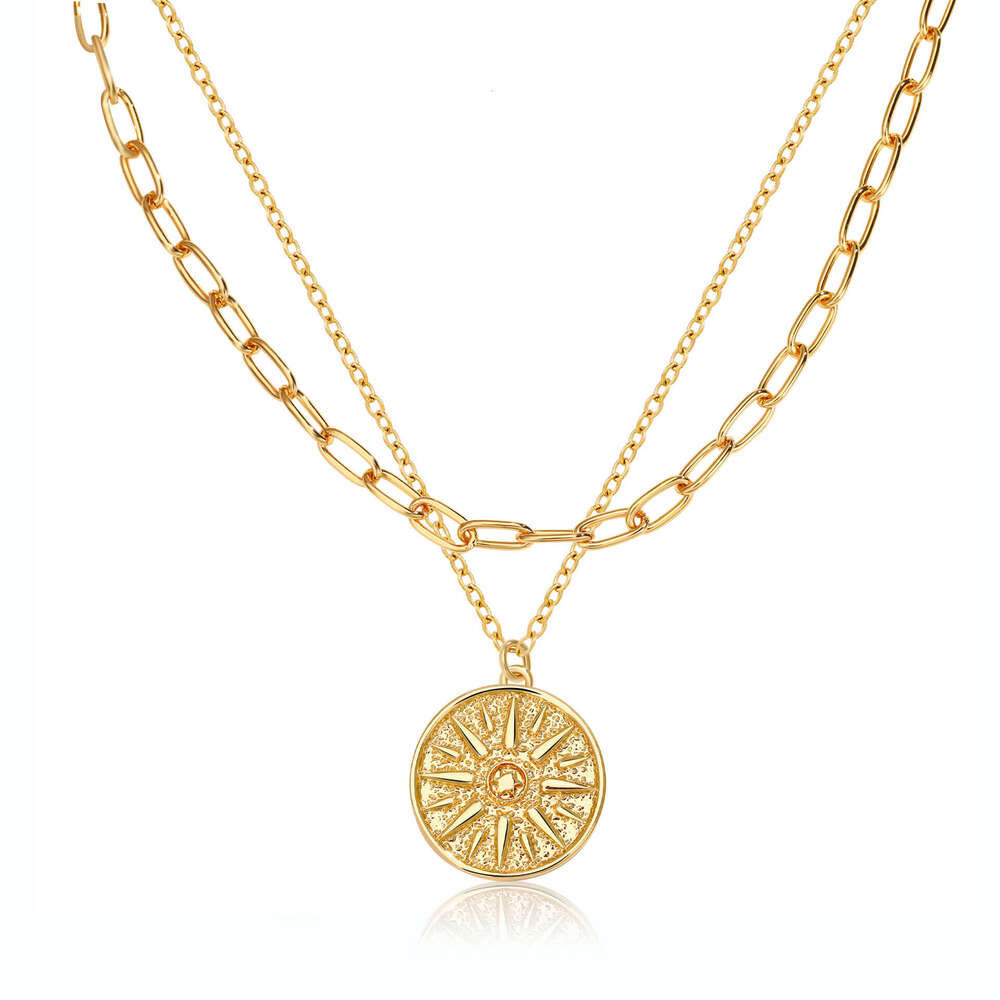 Fashion Retro Style Niche High-End Layered Necklace Sun Design Pendant Copper Gold-Plated Women's Jewelry
