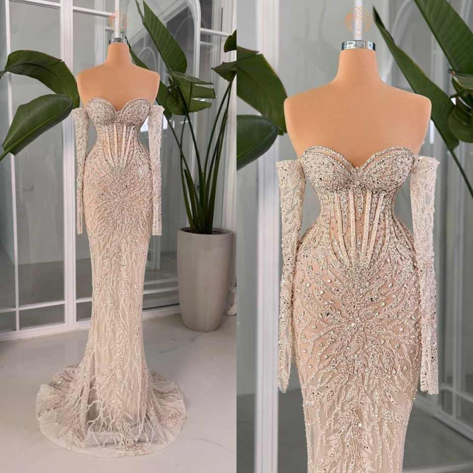 Charming Mermaid Evening Dress Strapless Sequins Crystal Prom Gowns Sheath Beaded Lace Floor Length Party Dresses Customized