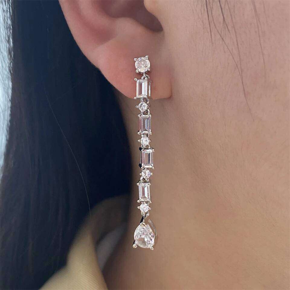 Luxury Geometric Water Zircon Long Drop Shiny Square Crystal Zirconia Charming Earrings Wedding Party Jewelry