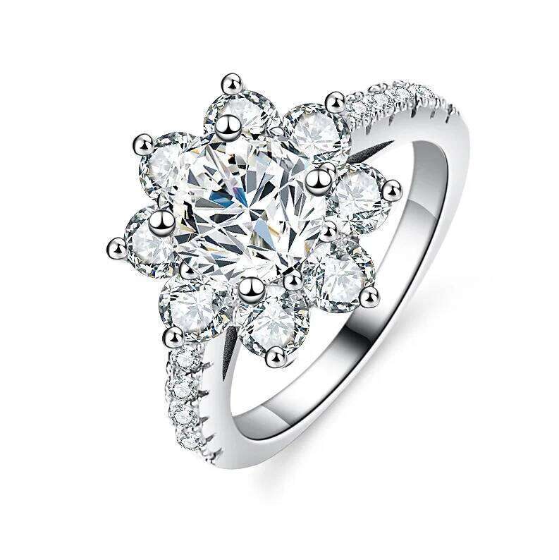 1CT 2CT D VVS1 Moissanite Rings for Women Sun Flower Sparkling Wedding Bands 100% S925 Sterling Silver Jewelry GRA 81f