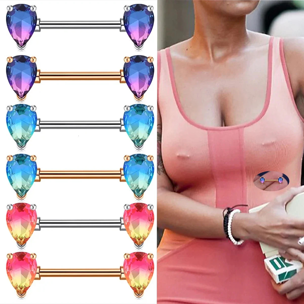 14G Nipple Piercing Bar Ring Inlaid Water Drop Cut Zircon Elegant Body Piercing Jewelry Decor 1 pair 251224