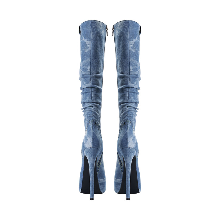 Chengdu Craftsmanship Distressed Denim Boots 20cm Total Height Stacked Fold Knee High Boots