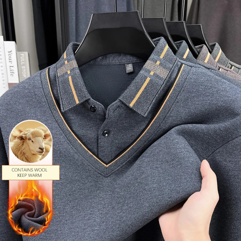 BROWON 2025 Winter Thicken Fleece Polo Shirt Long Sleeve Very Warm Turn Down Collar Illusion Twopiece Work Tees Man 251219