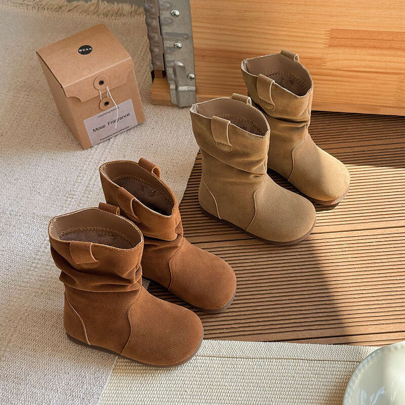 2025 Autumn Winter New European American Style Short Girls Sanded Wrinkled Vintage Melad Street Shot Fleece-lined Pile Boots