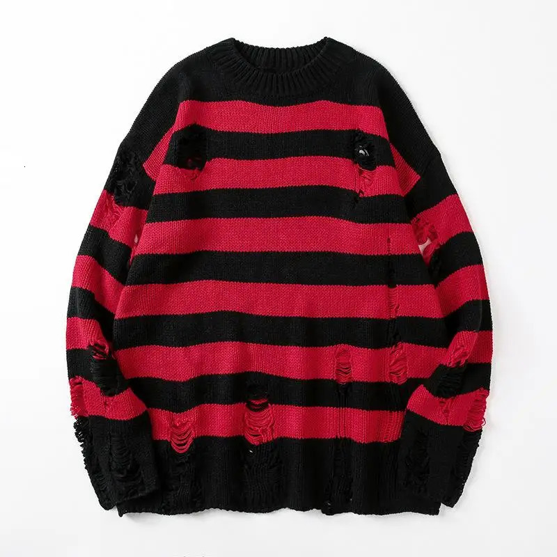 Black Stripe Sweaters Destroyed Ripped Sweater Men Pullover Hole Knit Jumpers Men Oversized Sweatshirt Harajuku Long Sleeve Tops 251226
