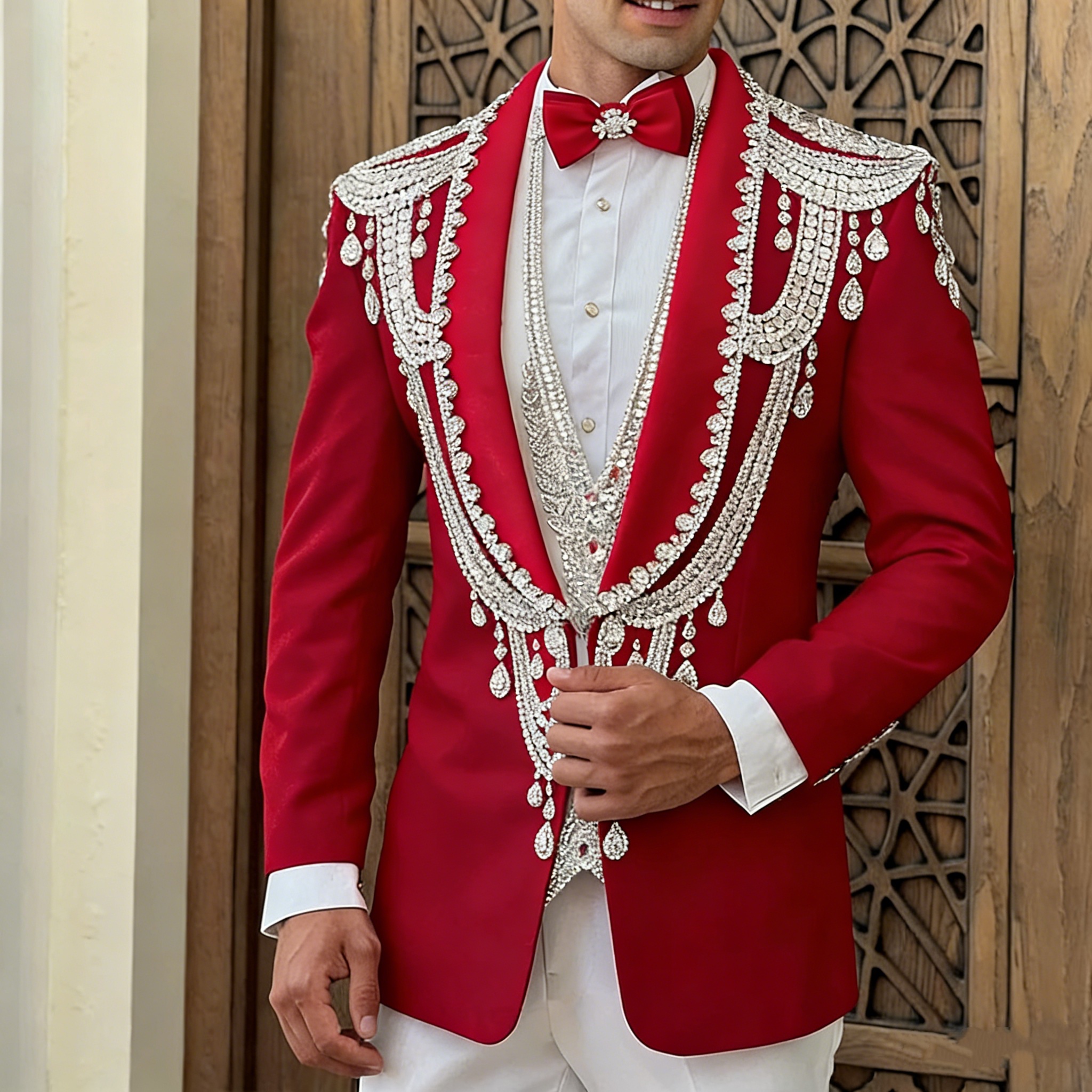 Vintage Men Suits 2 Pieces Tailor-Made Shawl Lapel Blazer Crystal Beaded Jacket One Button Groom Customized Coat White Pants Plus Size