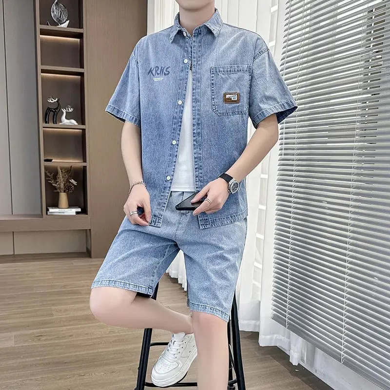 Summer Mens Thin Denim Short-sleeved Shirt Suit Trendy Loose Casual Shorts Two-piece Set 251225