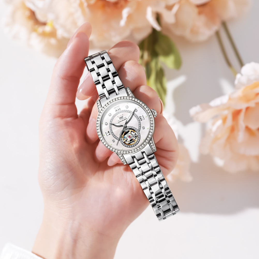 OLEVS High end new women's watch, niche personality, diamond inlaid fully automatic mechanical women's watch, waterproof hollow watch