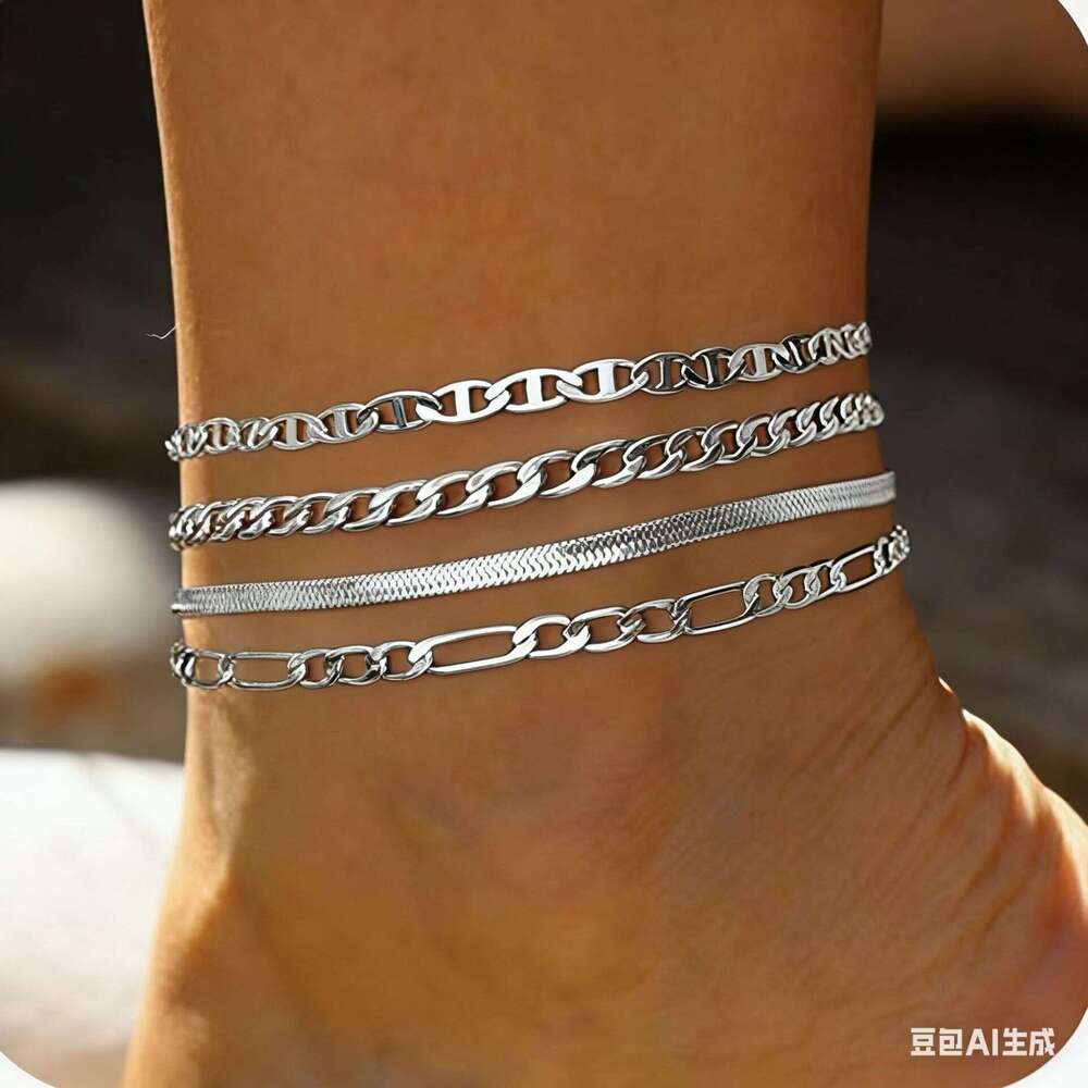New Beach Foot Jewelry 4-Piece Set for Women Vintage Multi-Layer Stacked Anklet Fashion Simple Ins Style Accessories