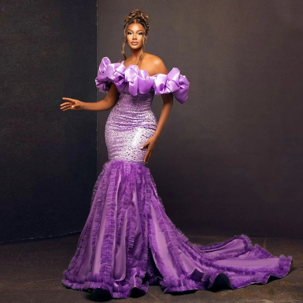 Classy Stunning Purple Mermaid Weddings Reception Dress African Black Girls Prom Party Dresses Ruffled Off Shoulder Asoebi Birthday Gown