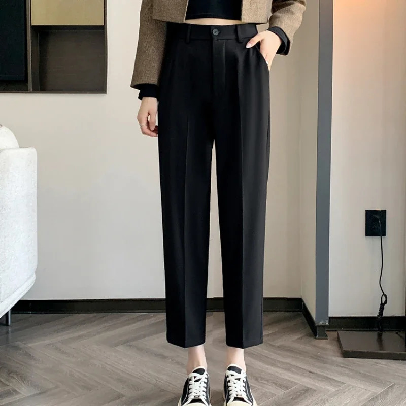 Womens High-Waisted Suit Pants Spring Summer Solid Button Casual Loose Ankle-Length Khaki Workwear Trousers Women 251219