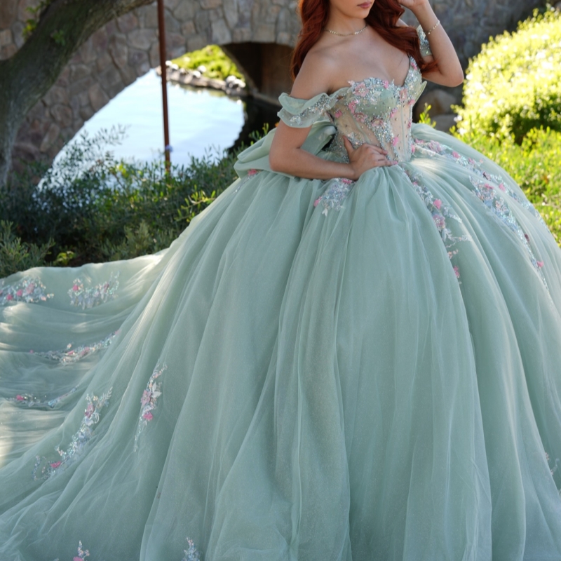 Mint Green Shiny Quinceanera Dresses Ball Gown Off The Shoulder Applique Lace Beading Crystal Bow Tull Corset Party Birthday Sweet 16 Dres Vestidos 15