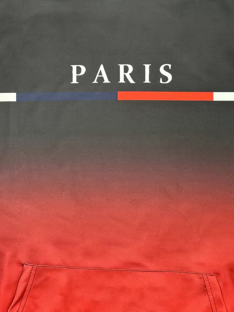 Parisian-Style Men's Hoodie in Black and Red Gradient Color-Blocking with Letter Print Loose-Fit Casual Streetwear Pullover Hoodie