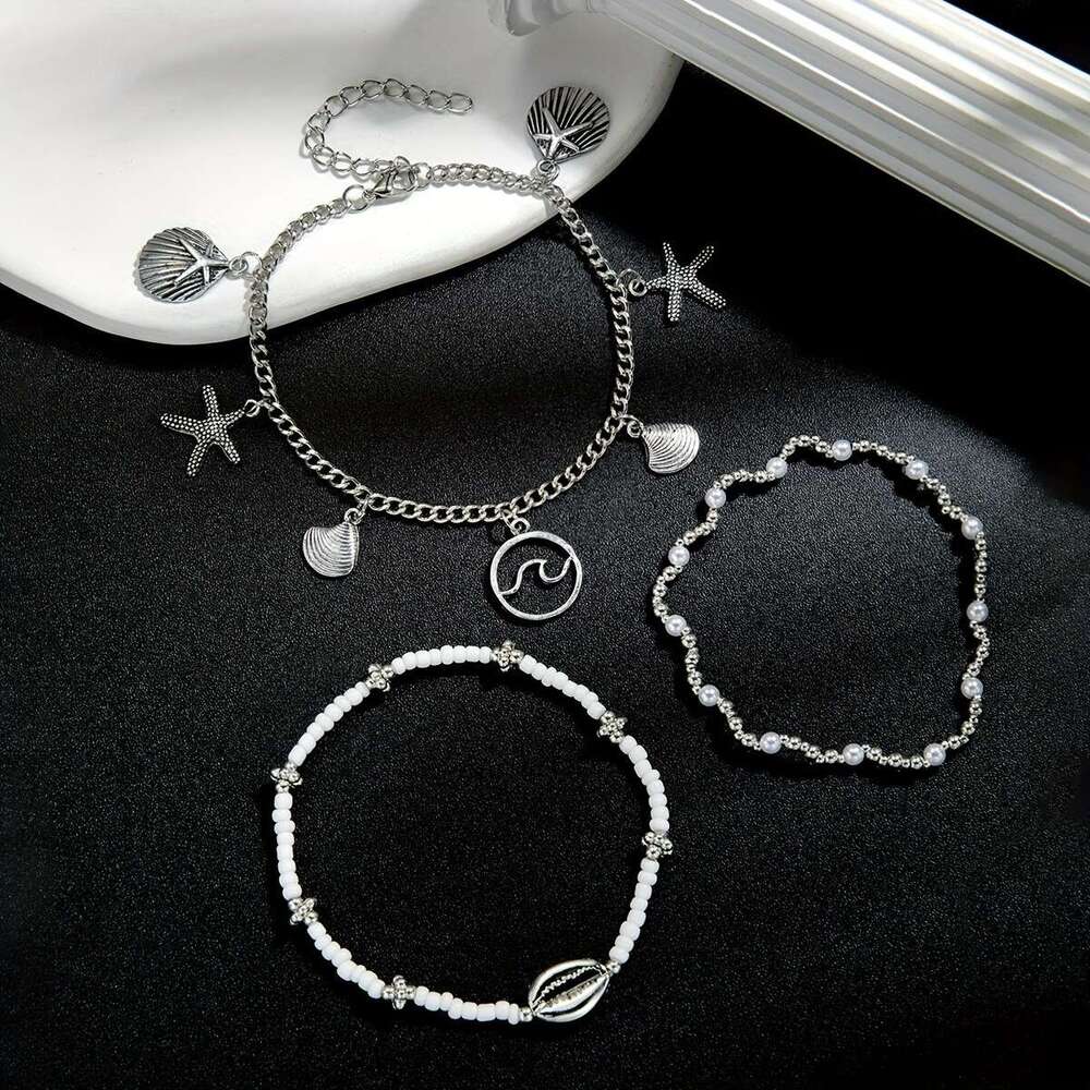 Bohemian Style Beaded Wave Round Ring Anklet with Tassel Pendant Shell Charm Ankle Chain Set