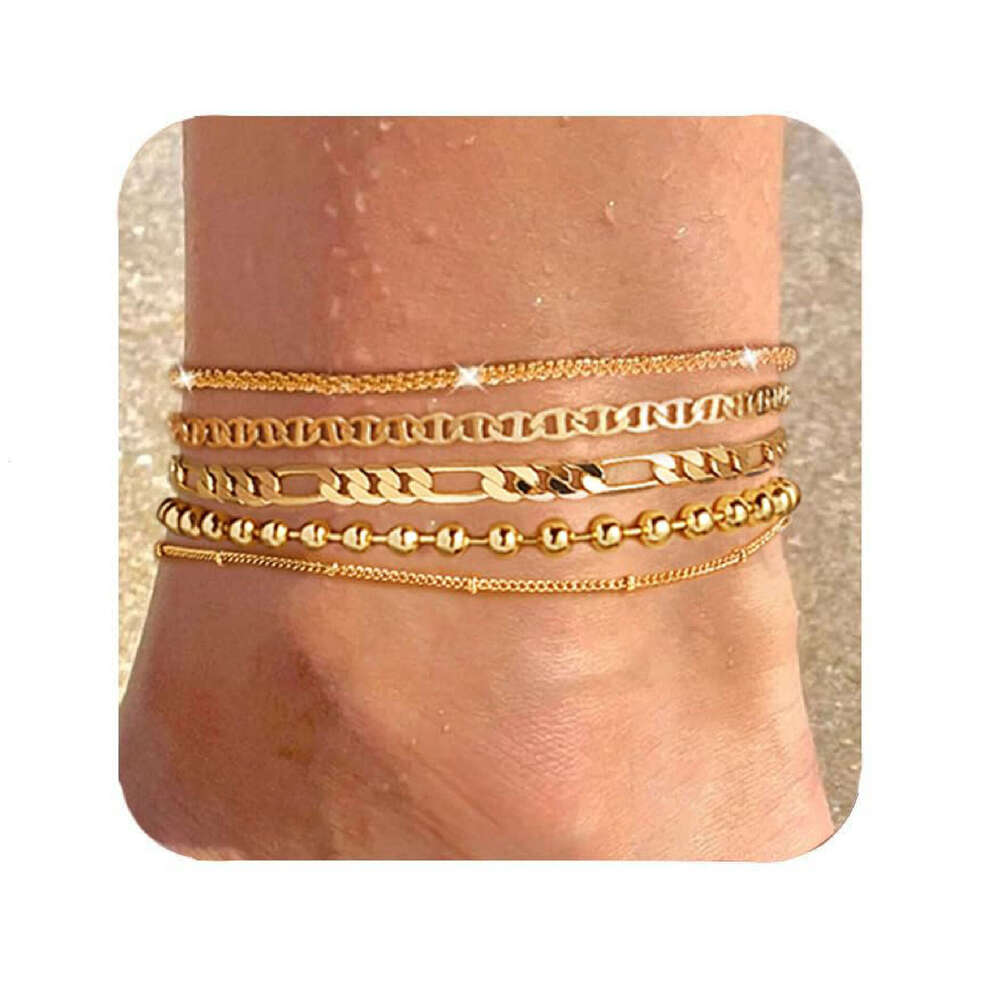 Cross-Border New Waterproof Cuban Tennis Herringbone Beaded Chain Anklet Set Multi-Layer Stacking Package for Women