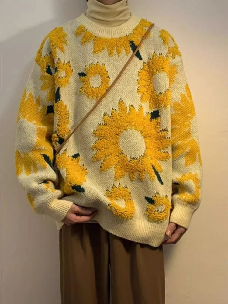 Flocking Floral Sweaters Men Baggy Spring Autumn Japanese Style Retro High Street Harajuku Knitwear Slouchy Ins 251226