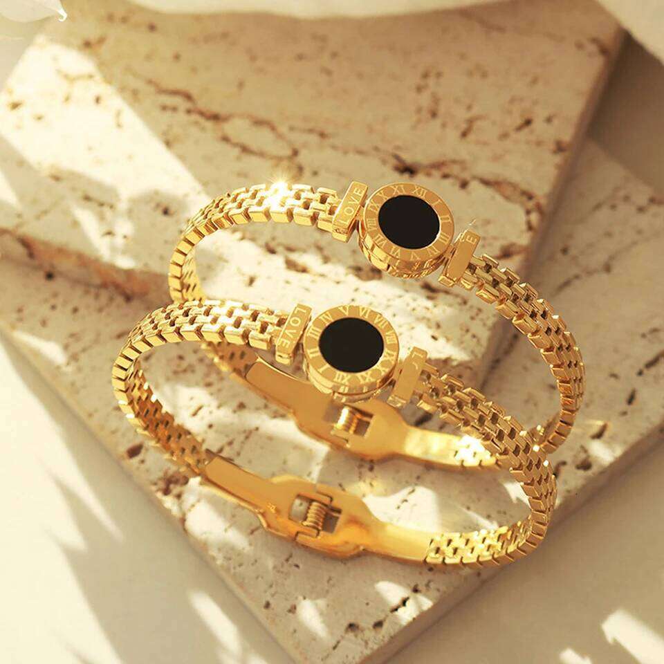 ZAKOL Stainless Steel 18k Gold Color Roman Black Shell Watch Bracelet Niche Design Jewelry Gift for Women Men