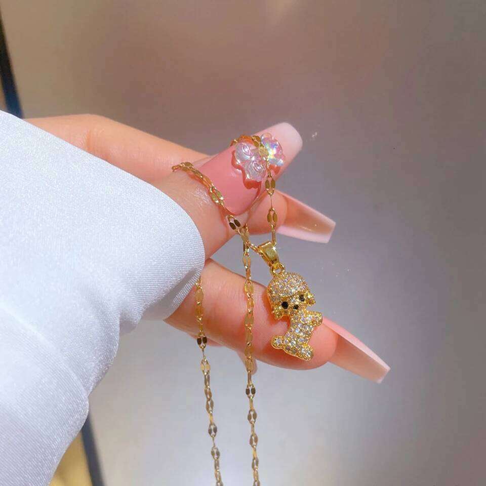 ZAKOL Cute Cartoon Dog CZ Pendant Necklace Shiny Zircon Crystal Titanium Steel Chain Animal Necklaces Party Jewelry