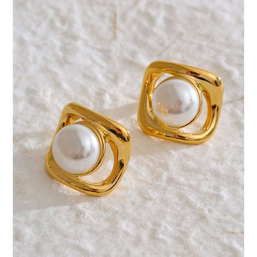 Yhpup Korean Style Simulated Pearls Square Geometric Stud Earrings Golden Stainless Steel Attractive Chic Jewelry Wholesale Liuyuemoshang