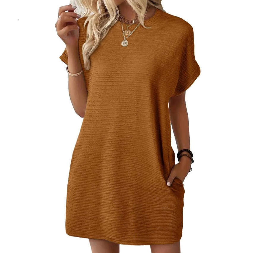 Dress for women European and American Loose Round Neck Pocket Dress, 2026 Summer New Solid Color Short Sleeve Beach Cover-Up