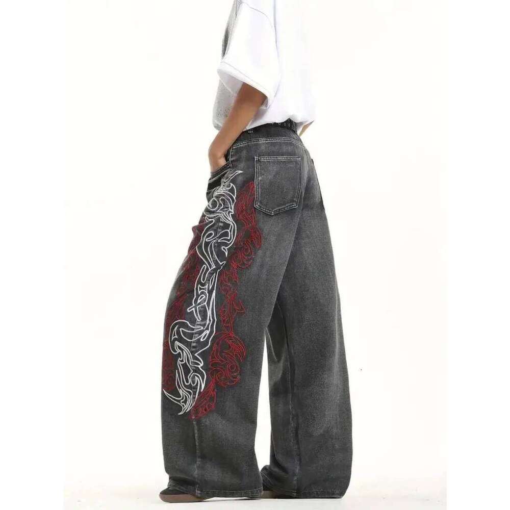 Y2K American New Pattern Embroidery Baggy Jeans Men High Streetwear Vintage Hip Hop Fashion Casual Joker Couple Wide-leg Pants