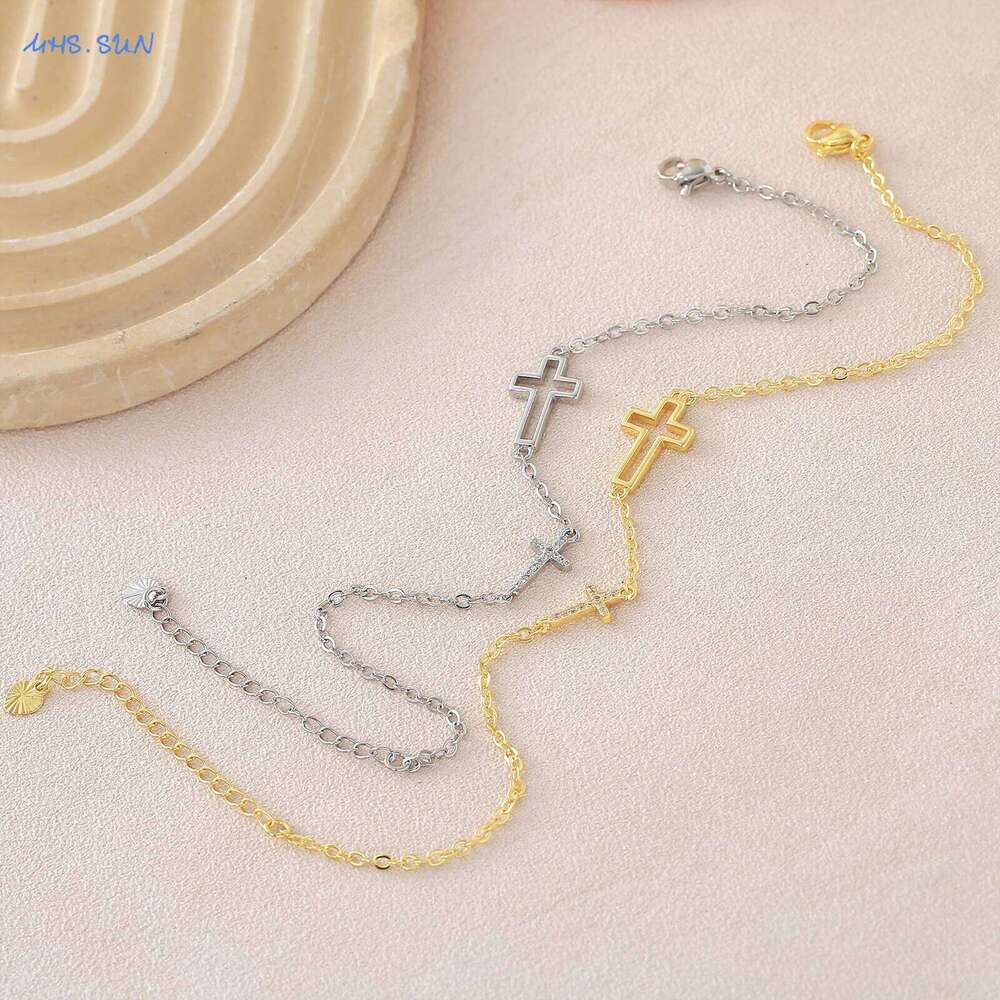 MHS.SUN 22K Gold Plated Cubic Zirconia Hollow Cross Chain Bracelets For Women Men Fashion Party Jewelry Gift New Designs 25H1229