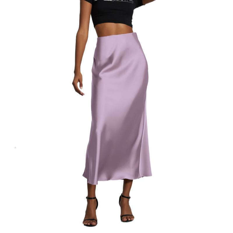 Women's Soft Satin Midi Elegant Large Hem Silky Satin Slimming Flowing Grey Flowy High Waist for Daily Wear