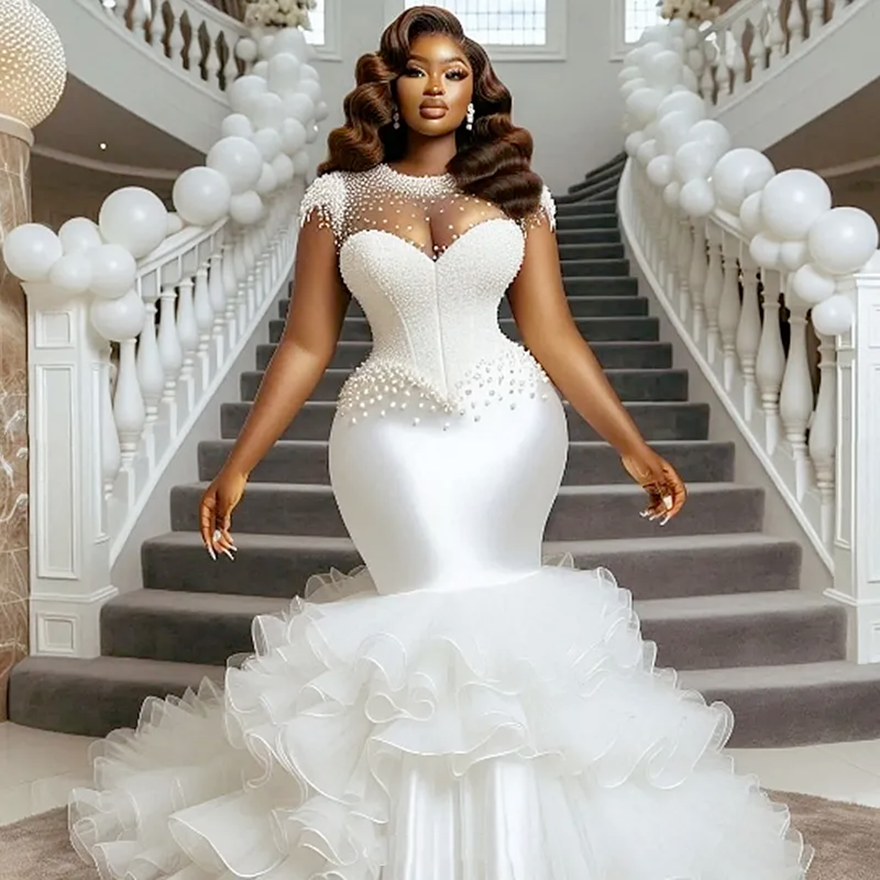 Arabic Aso Ebi Mermaid Wedding Dresses Pearls Beaded Ruffles Long Luxurious Wedding Gowns Corset African Bride Dress Capped Sleeves Jewel Neck Custom 