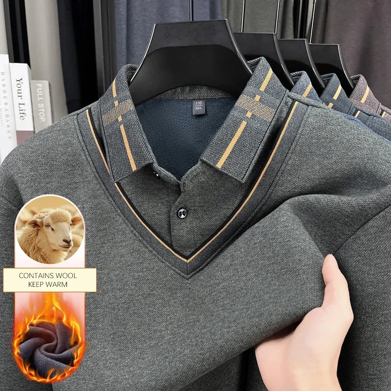 BROWON 2025 Winter Thicken Fleece Polo Shirt Long Sleeve Very Warm Turn Down Collar Illusion Twopiece Work Tees Man 251219