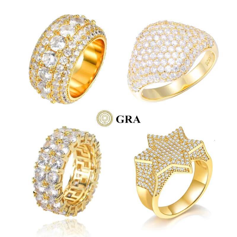 Luxury Iced Out Gra Certified Moissanite Ring S925 Sterling Silver 18k Gold Plated Hiphop Moissanite Ring Men