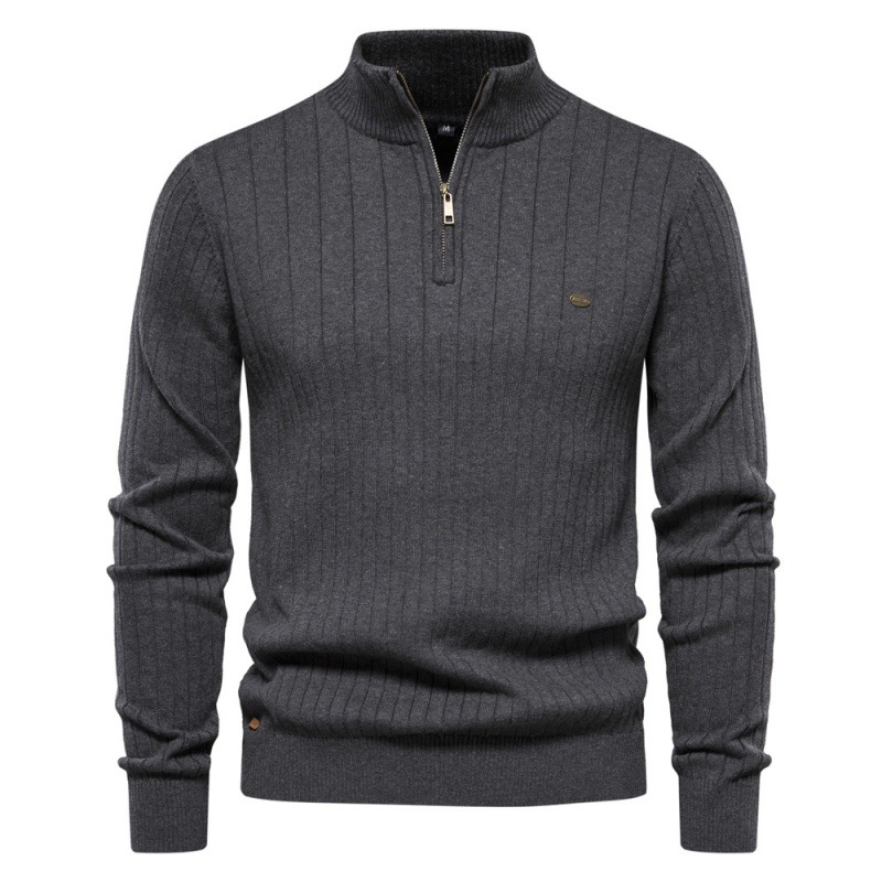 WOZK stand up collar cotton men's sweater casual half zipper solid color pullover high-quality men's knitted sweater designer