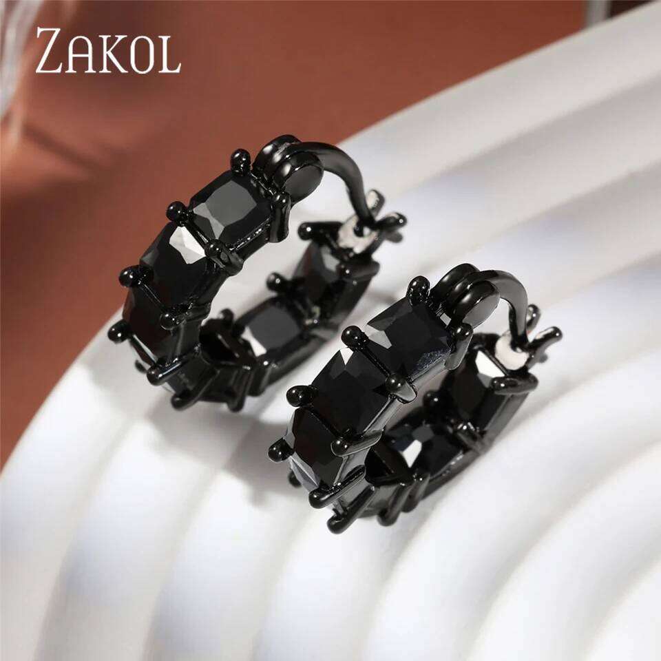 ZAKOL Korean Fashion Black Zircon Hoop Earrings Shiny Square Crystal Drop Earring Jewelry Gift for Women