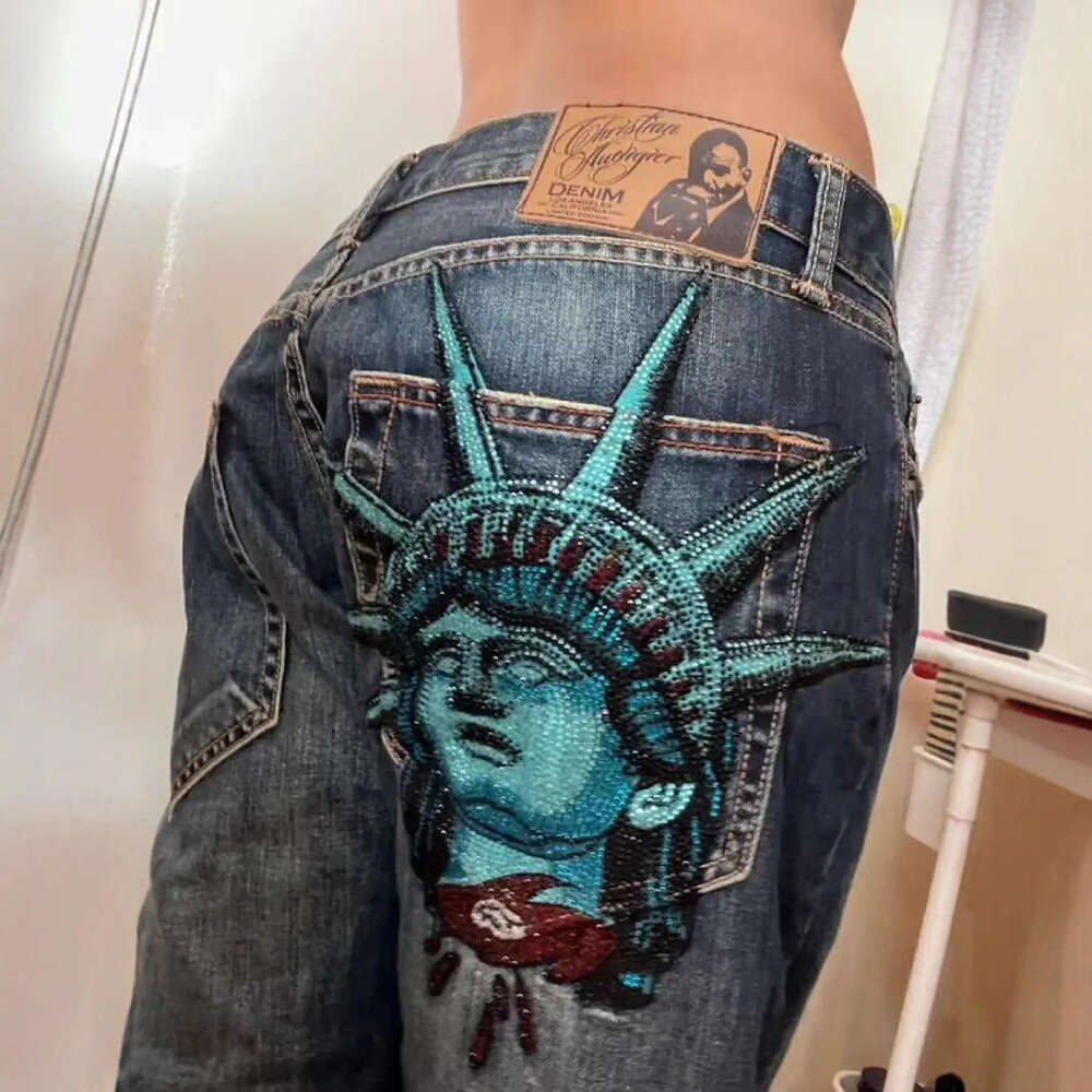 2025 New European American Cross-Border Statue of Liberty Vintage Washed Jeans for Men and Women Trendy Straight-Leg Pants