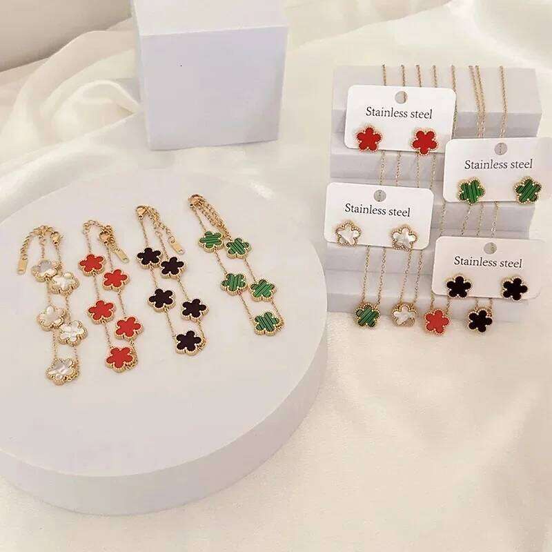 Gold Plated Lucky Stainless Steel Five Leaf Flower 3PCS Set Bracelet Necklace Earrings for Women Party Jewelry Clover 25H1229