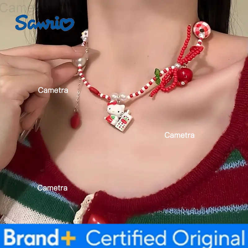 Sanrio Strawberry Kitty Beaded Necklace Kawaii Dopamine Cartoon Cat Pendant Choker Cute Colorful Jewelry for Women H251229