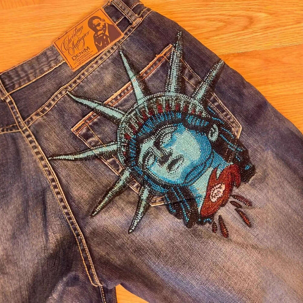 2025 New European American Cross-Border Statue of Liberty Vintage Washed Jeans for Men and Women Trendy Straight-Leg Pants