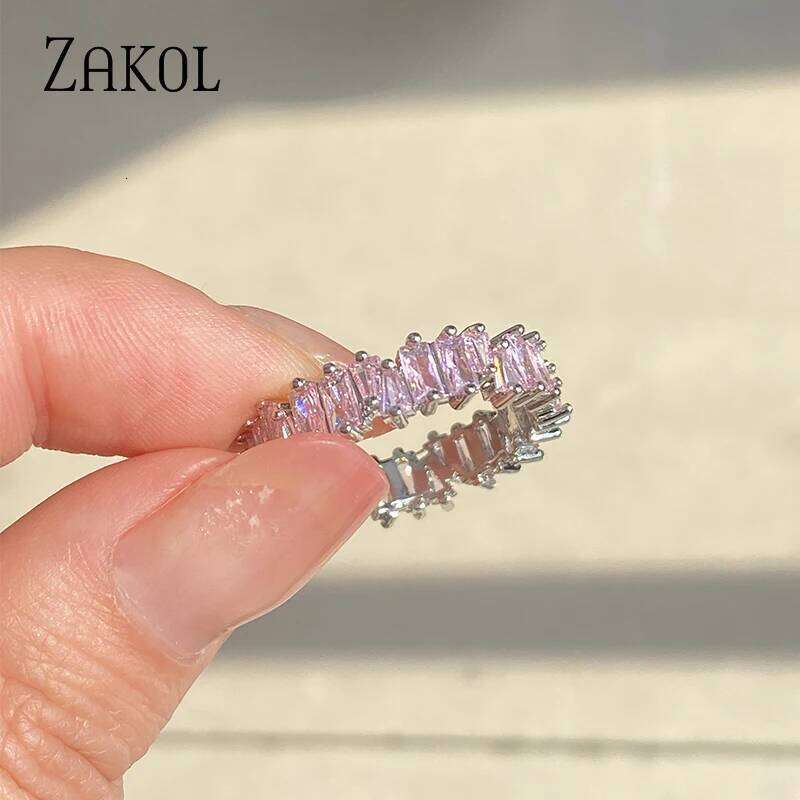 ZAKOL Fashion Luxury Pink Baguette Cubic Zirconia Engagement Rings for Women Marquise Crystal Stone Wedding Party Jewelry Gift