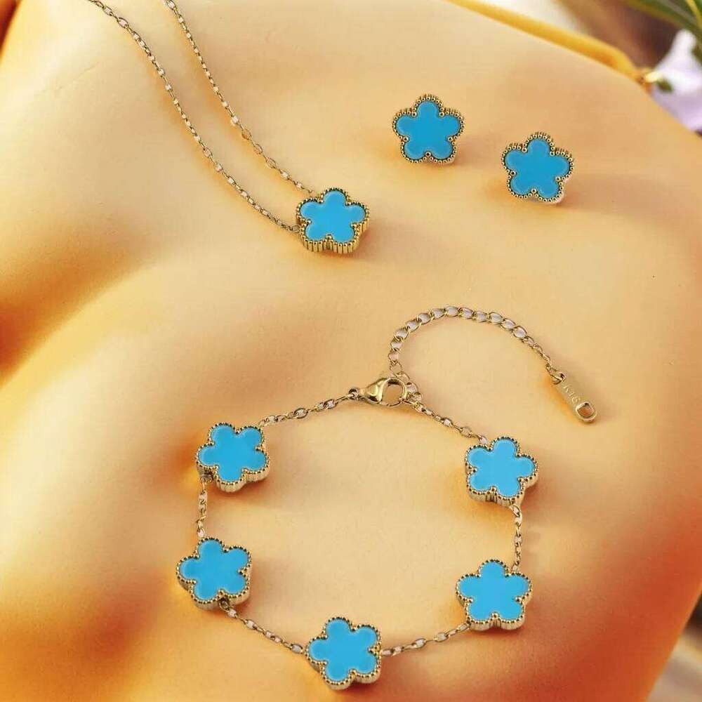 18k Plated Gold Stainless Steel Five Point Star Bracelet Necklace Earrings Double Sided Plum Blossom Chain Party Jewelry Clover 25H1229